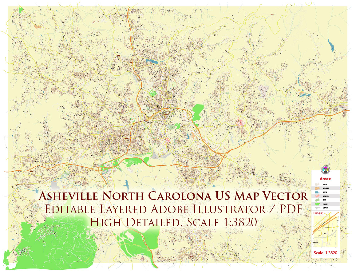 Asheville North Carolina USA Map Vector Exact City Plan High Detailed Street Map editable Adobe Illustrator in layers