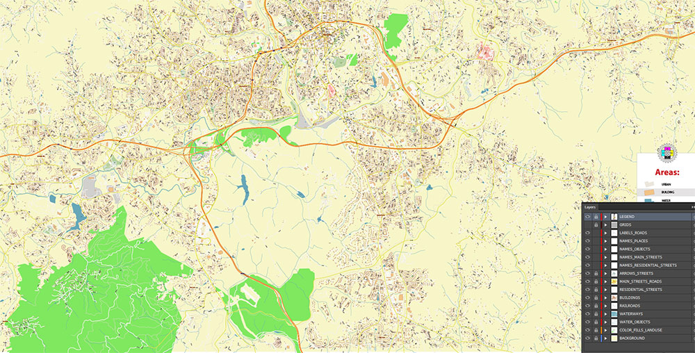 Asheville North Carolina USA Map Vector Exact City Plan High Detailed Street Map editable Adobe Illustrator in layers