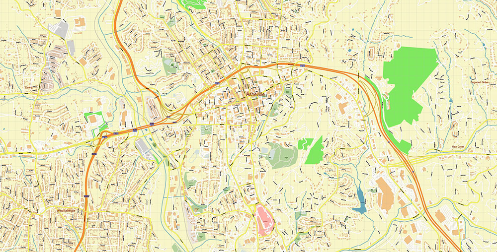 Asheville North Carolina USA Map Vector Exact City Plan High Detailed Street Map editable Adobe Illustrator in layers