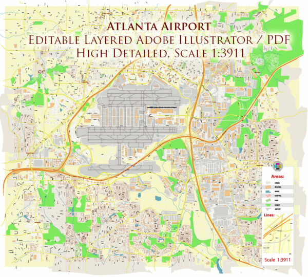 Atlanta Airport Map Vector Exact High Detailed Street Map editable Adobe Illustrator in layers