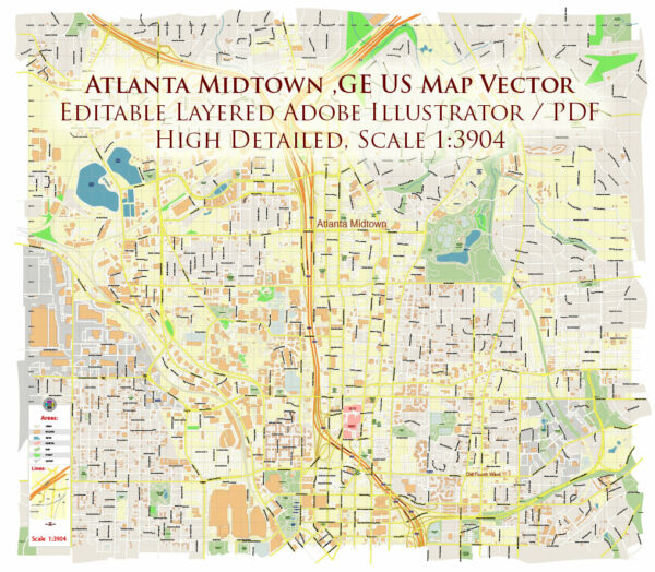 Atlanta Midtown CBD Map Vector Exact High Detailed Street Map editable Adobe Illustrator in layers