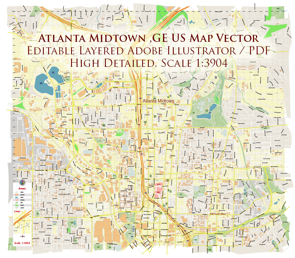 Atlanta Midtown CBD Map Vector Exact High Detailed Street Map editable Adobe Illustrator in layers