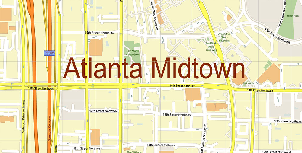Atlanta Midtown CBD Map Vector Exact High Detailed Street Map editable Adobe Illustrator in layers