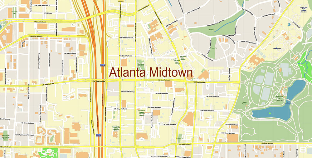 Atlanta Midtown CBD Map Vector Exact High Detailed Street Map editable Adobe Illustrator in layers