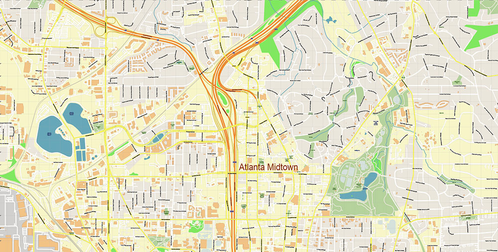 Atlanta Midtown CBD Map Vector Exact High Detailed Street Map editable Adobe Illustrator in layers