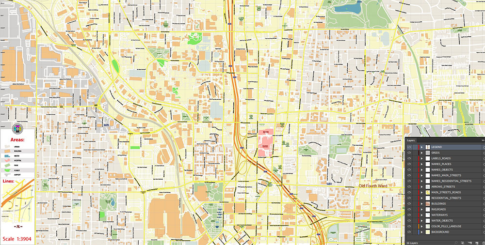 Atlanta Midtown CBD Map Vector Exact High Detailed Street Map editable Adobe Illustrator in layers