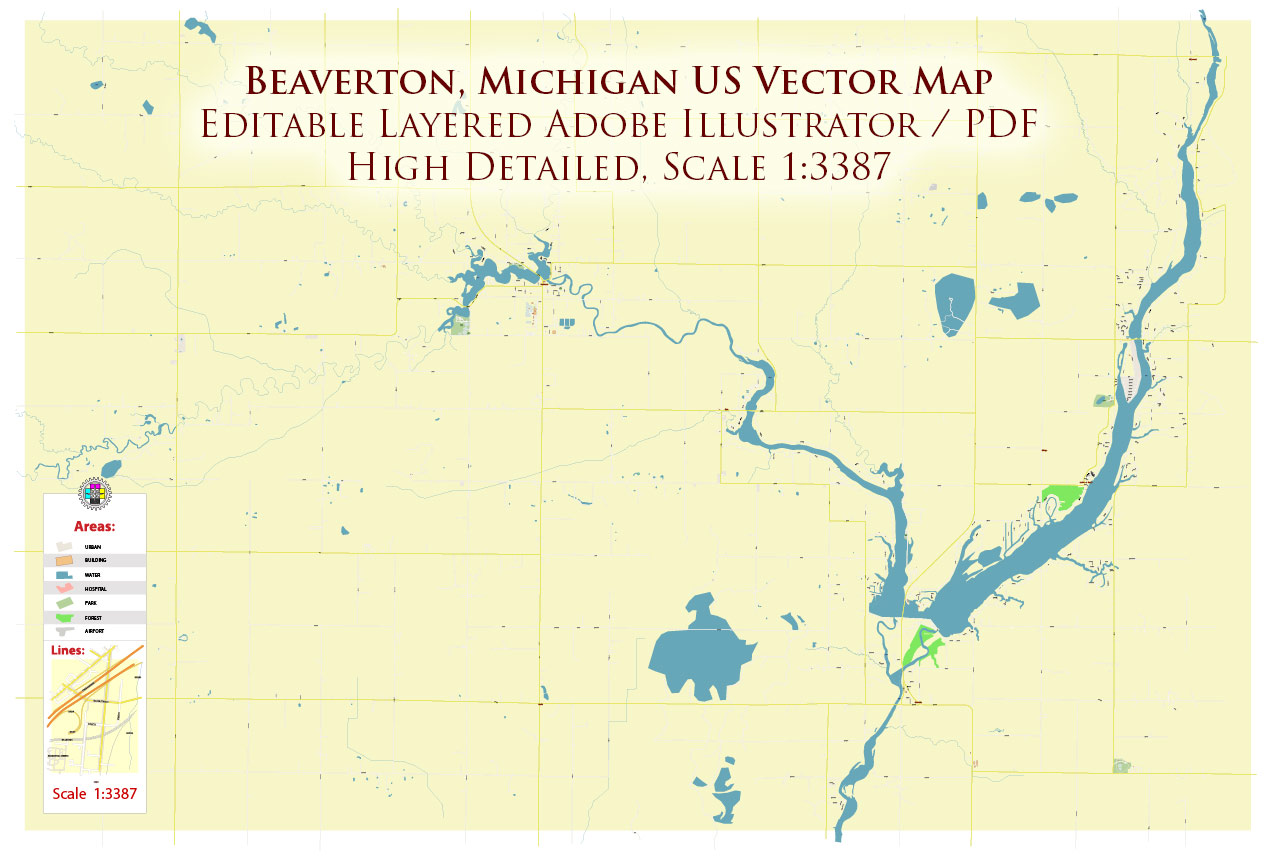 Beaverton Michigan USA Map Vector Exact High Detailed Street Map editable Adobe Illustrator in layers