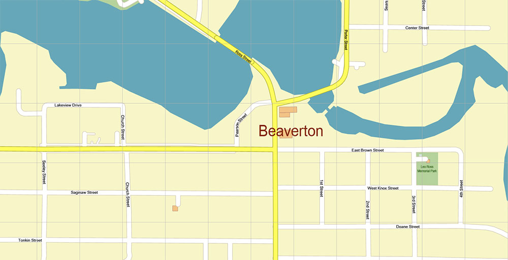 Beaverton Michigan USA Map Vector Exact High Detailed Street Map editable Adobe Illustrator in layers