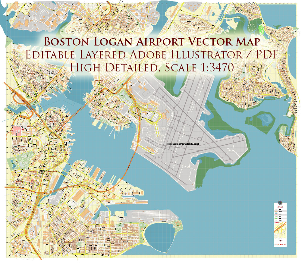 Boston Logan International Airport Map Vector Exact High Detailed Street Map editable Adobe Illustrator in layers