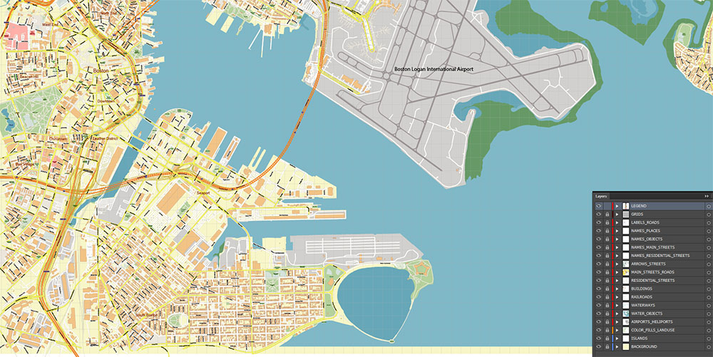 Boston Logan International Airport Map Vector Exact High Detailed Street Map editable Adobe Illustrator in layers