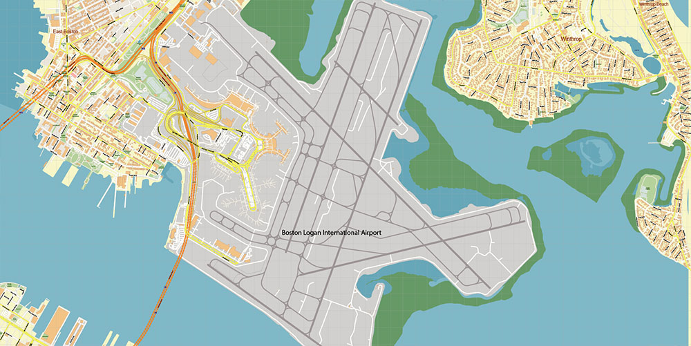 Boston Logan International Airport Map Vector Exact High Detailed Street Map editable Adobe Illustrator in layers