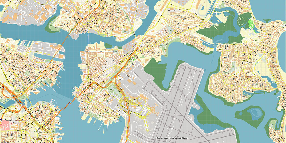 Boston Logan International Airport Map Vector Exact High Detailed Street Map editable Adobe Illustrator in layers