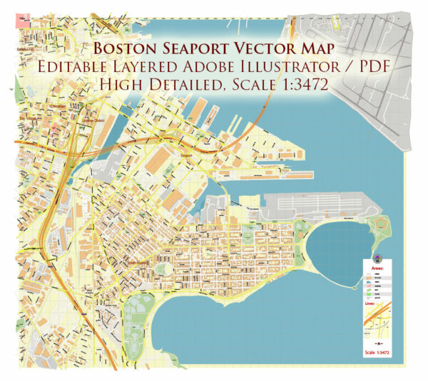 Boston Seaport Map Vector Exact High Detailed Street Map editable Adobe Illustrator in layers
