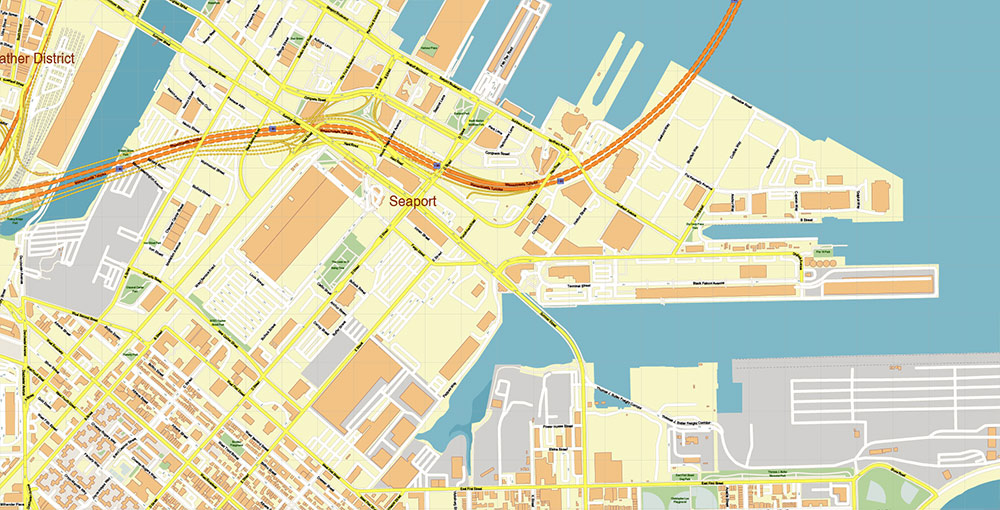 Boston Seaport Map Vector Exact High Detailed Street Map editable Adobe Illustrator in layers