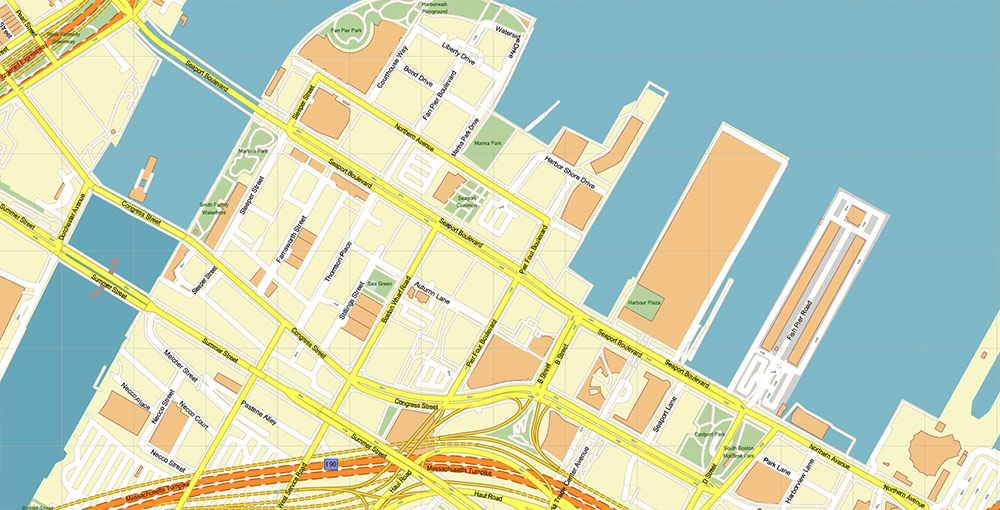 Boston Seaport Map Vector Exact High Detailed Street Map editable Adobe Illustrator in layers