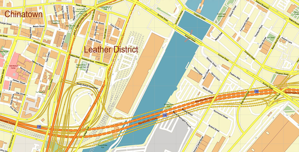 Boston Seaport Map Vector Exact High Detailed Street Map editable Adobe Illustrator in layers