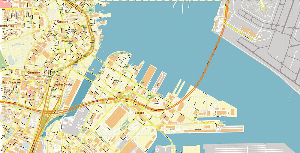 Boston Seaport Map Vector Exact High Detailed Street Map editable Adobe Illustrator in layers