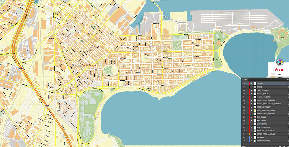 Boston Seaport Map Vector Exact High Detailed Street Map editable Adobe Illustrator in layers