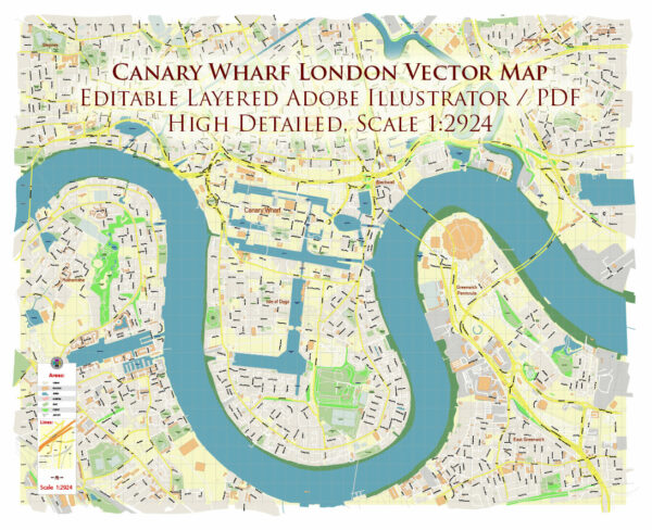 Canary Wharf London Map Vector Exact High Detailed Street Map editable Adobe Illustrator in layers