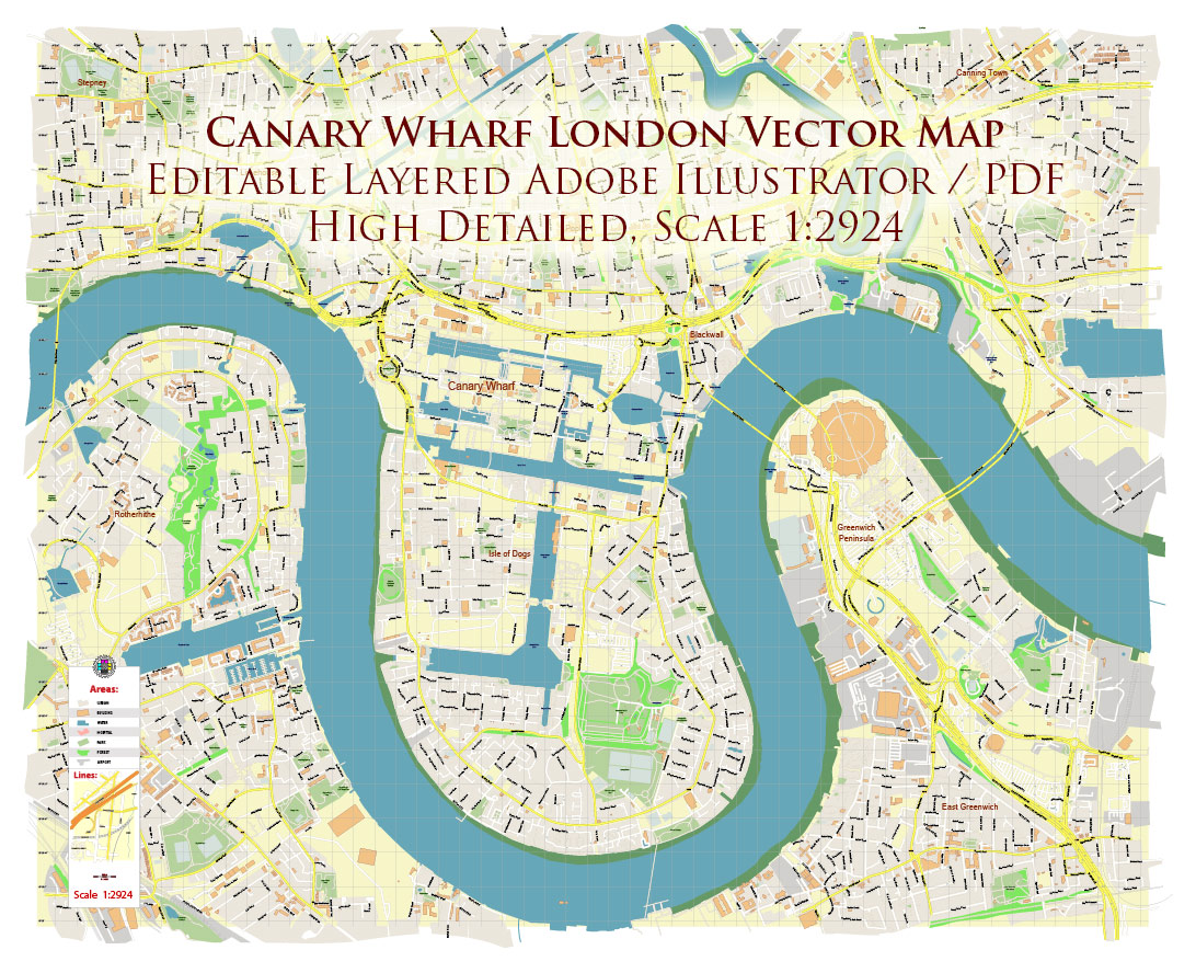 Canary Wharf London Map Vector Exact High Detailed Street Map editable Adobe Illustrator in layers