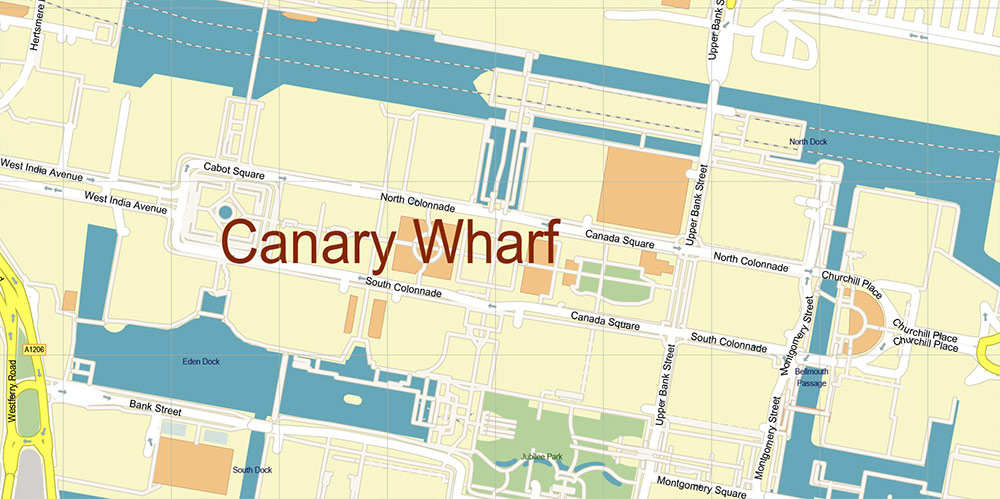 Canary Wharf London Map Vector Exact High Detailed Street Map editable Adobe Illustrator in layers