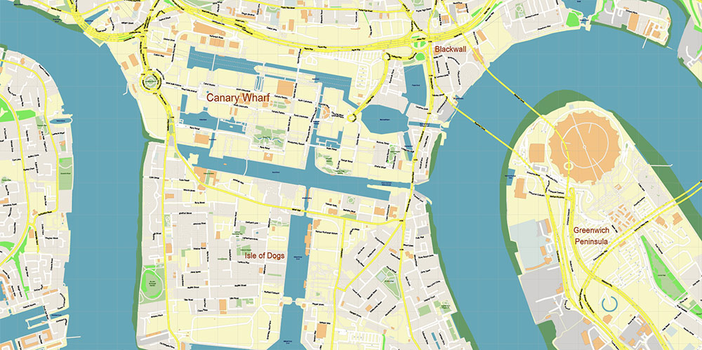 Canary Wharf London Map Vector Exact High Detailed Street Map editable Adobe Illustrator in layers