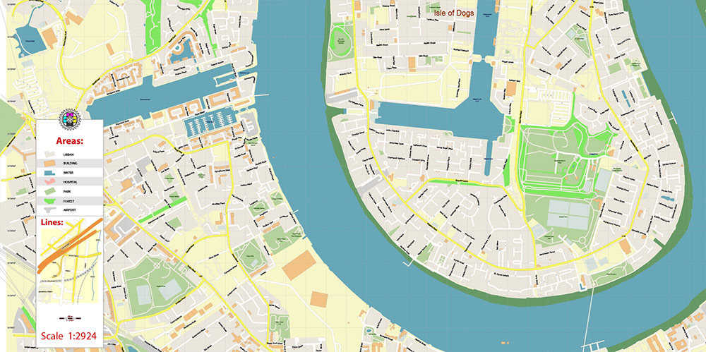 Canary Wharf London Map Vector Exact High Detailed Street Map editable Adobe Illustrator in layers