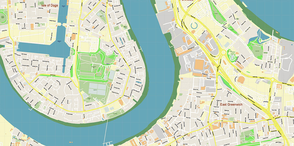 Canary Wharf London Map Vector Exact High Detailed Street Map editable Adobe Illustrator in layers
