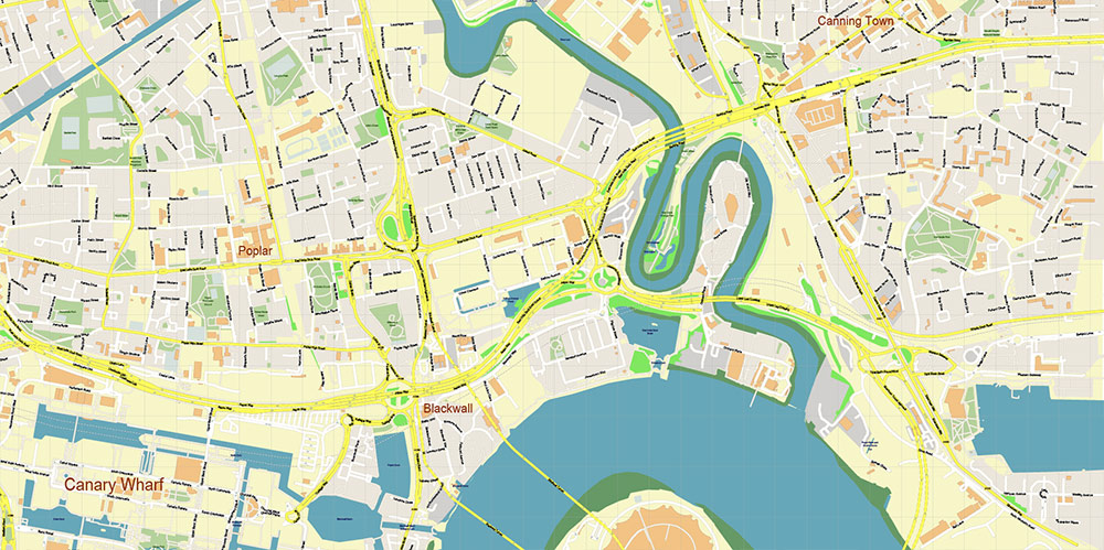 Canary Wharf London Map Vector Exact High Detailed Street Map editable Adobe Illustrator in layers