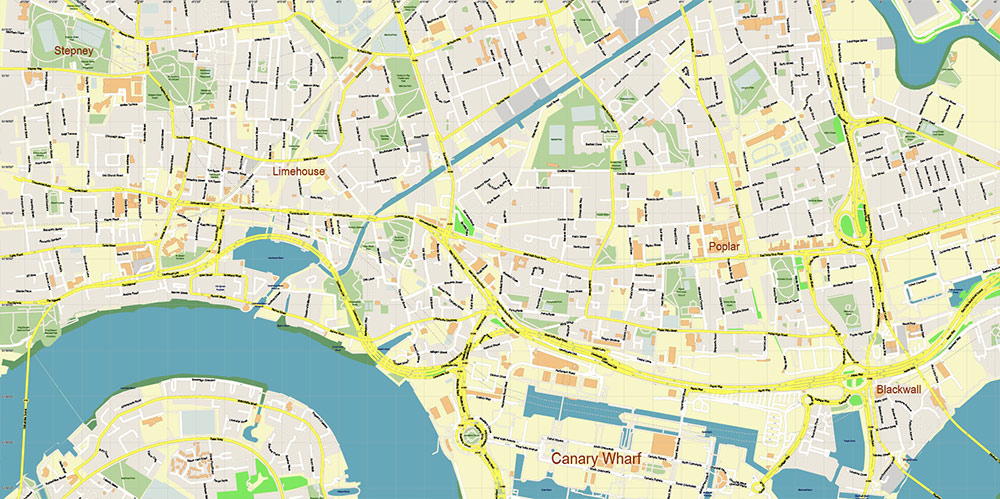 Canary Wharf London Map Vector Exact High Detailed Street Map editable Adobe Illustrator in layers