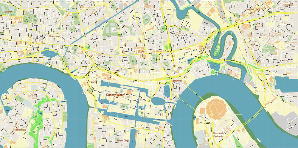 Canary Wharf London Map Vector Exact High Detailed Street Map editable Adobe Illustrator in layers
