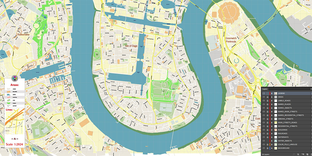 Canary Wharf London Map Vector Exact High Detailed Street Map editable Adobe Illustrator in layers