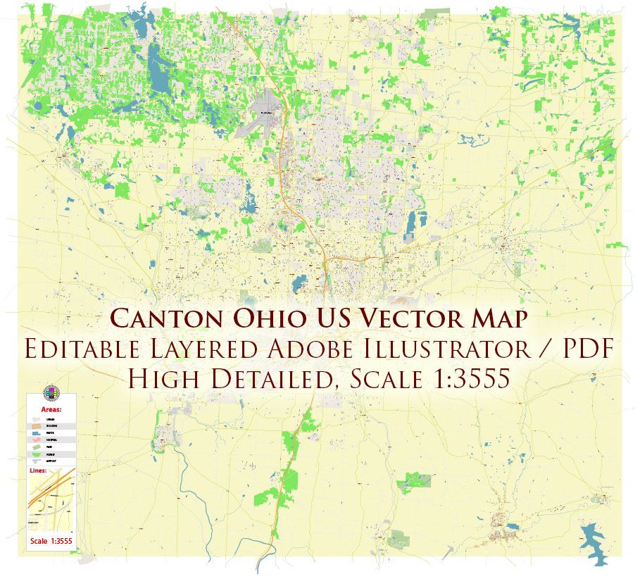 Canton Ohio USA Map Vector Exact City Plan High Detailed Street Map editable Adobe Illustrator in layers