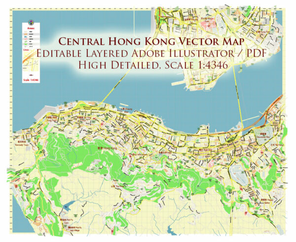 Central Hong Kong CBD Map Vector Exact High Detailed Street Map editable Adobe Illustrator in layers