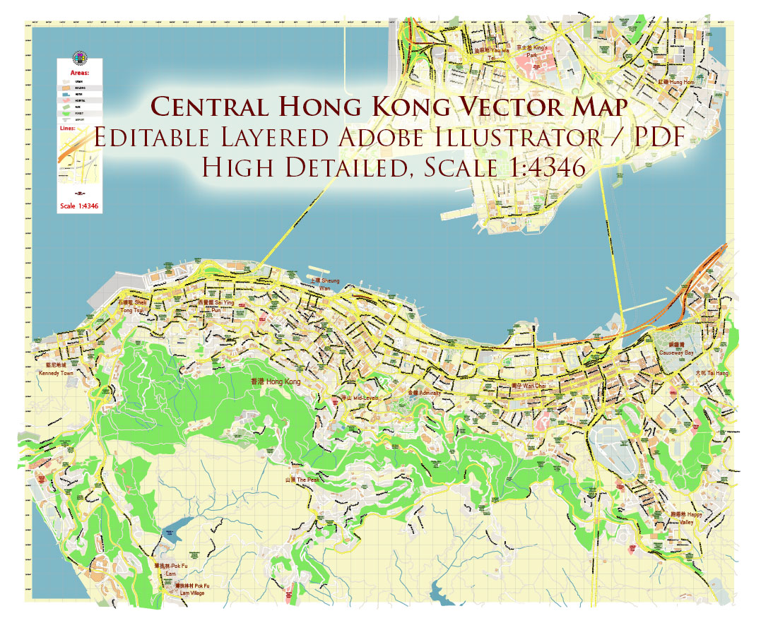 Central Hong Kong CBD Map Vector Exact High Detailed Street Map editable Adobe Illustrator in layers