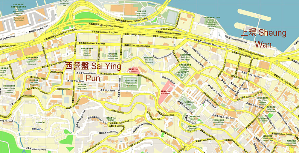 Central Hong Kong CBD Map Vector Exact High Detailed Street Map editable Adobe Illustrator in layers