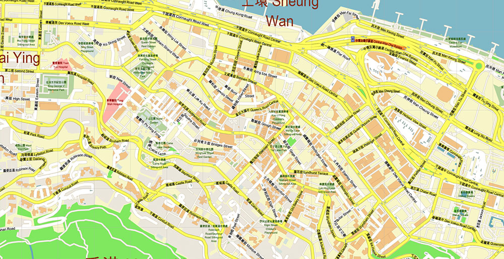 Central Hong Kong CBD Map Vector Exact High Detailed Street Map editable Adobe Illustrator in layers