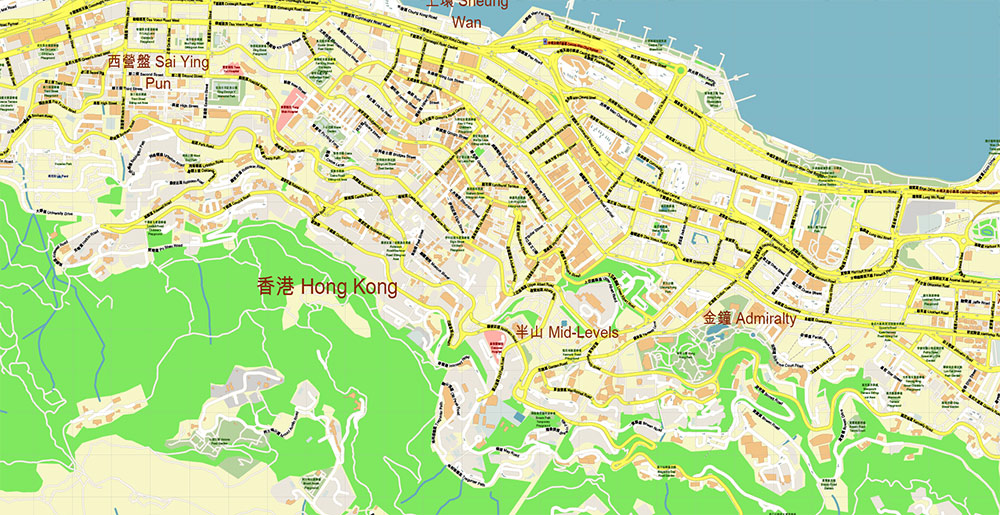 Central Hong Kong CBD Map Vector Exact High Detailed Street Map editable Adobe Illustrator in layers