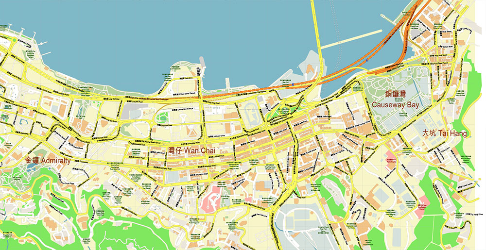 Central Hong Kong CBD Map Vector Exact High Detailed Street Map editable Adobe Illustrator in layers