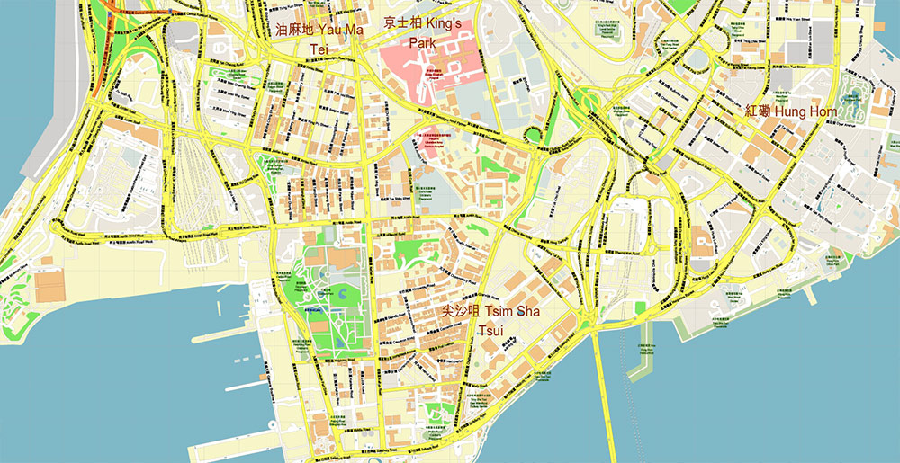 Central Hong Kong CBD Map Vector Exact High Detailed Street Map editable Adobe Illustrator in layers