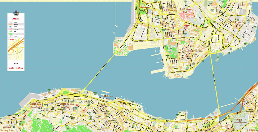 Central Hong Kong CBD Map Vector Exact High Detailed Street Map editable Adobe Illustrator in layers