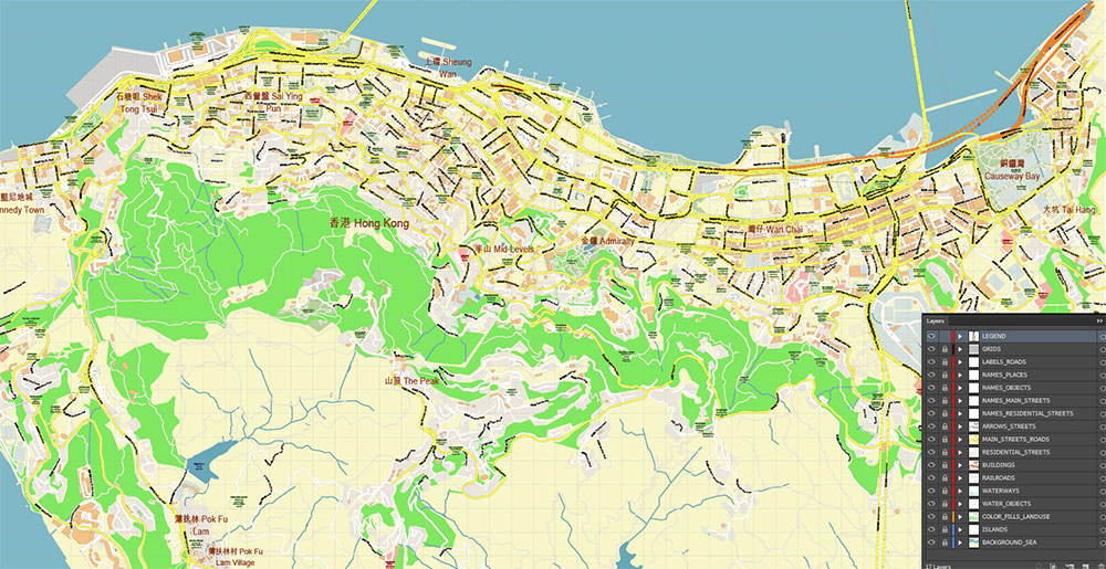 Central Hong Kong CBD Map Vector Exact High Detailed Street Map editable Adobe Illustrator in layers