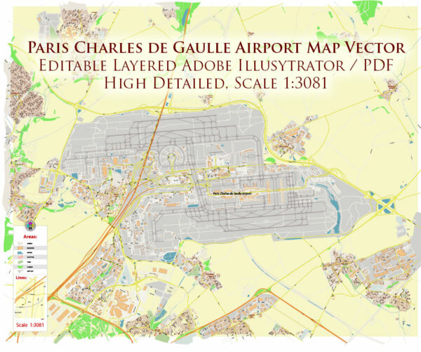 Charles de Gaulle Airport Map Vector Exact High Detailed Street Map editable Adobe Illustrator in layers