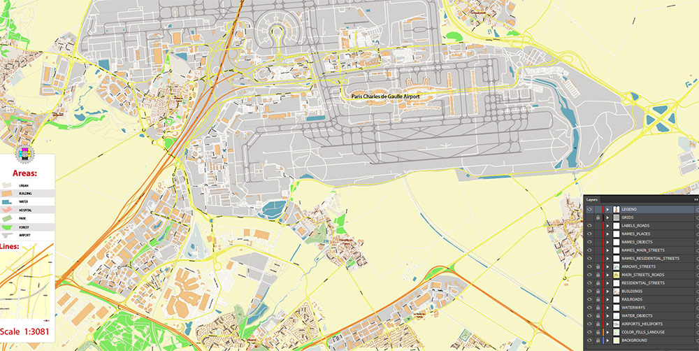 Charles de Gaulle Airport Map Vector Exact High Detailed Street Map editable Adobe Illustrator in layers Charles de Gaulle Airport Map Vector Exact High Detailed Street Map editable Adobe Illustrator in layers