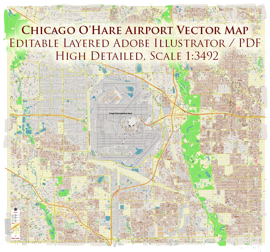 Chicago O'Hare International Airport Map Vector Exact High Detailed Street Map editable Adobe Illustrator in layers