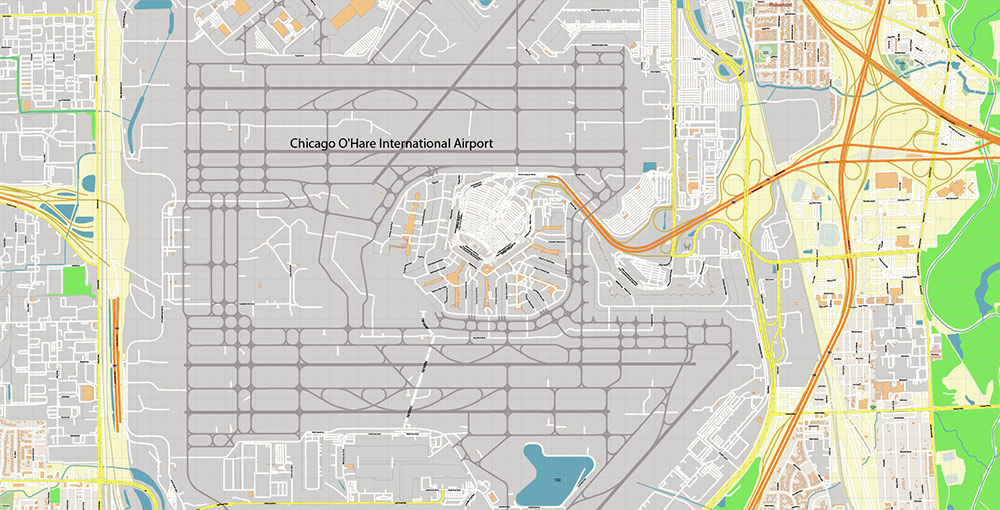 Chicago O'Hare International Airport Map Vector Exact High Detailed Street Map editable Adobe Illustrator in layers