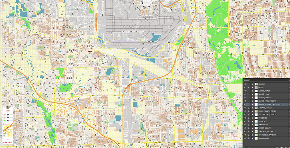 Chicago O'Hare International Airport Map Vector Exact High Detailed Street Map editable Adobe Illustrator in layers