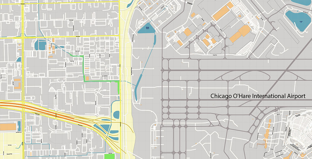 Chicago O'Hare International Airport Map Vector Exact High Detailed Street Map editable Adobe Illustrator in layers
