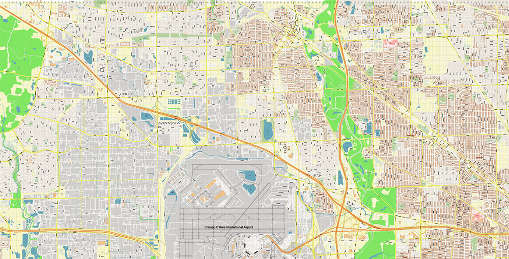 Chicago O'Hare International Airport Map Vector Exact High Detailed Street Map editable Adobe Illustrator in layers