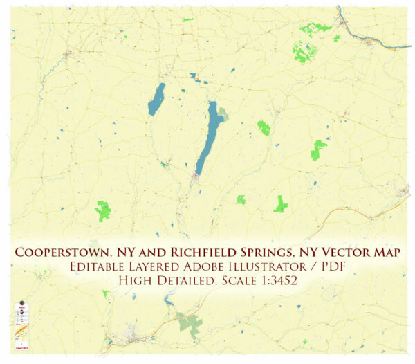 Cooperstown and Richfield Springs New York USA Map Vector Exact High Detailed Street Map editable Adobe Illustrator in layers